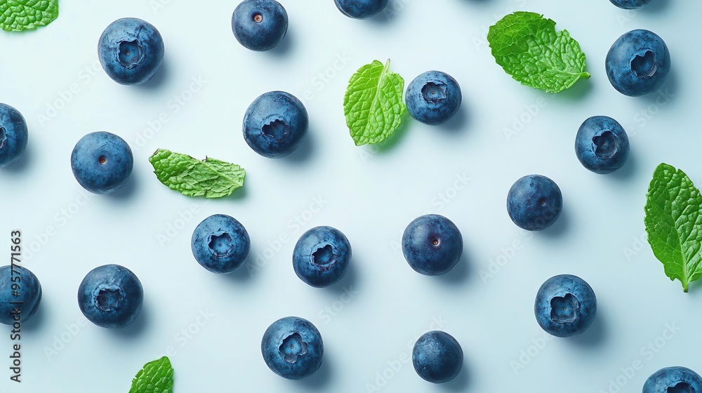 A flat lay of fresh blueberries and mint leaves on a light background. A flat lay of fresh blueberries and mint leaves on a light background.