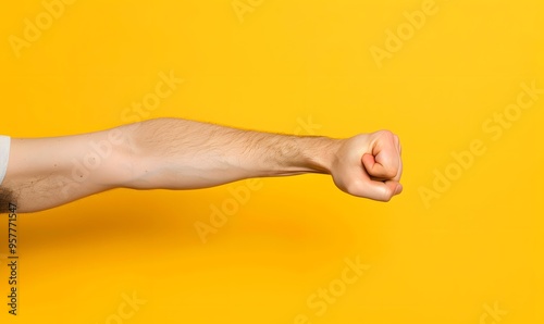 Arm and hand of caucasian man over yellow isolated background snapping fingers for success, easy and click symbol gesture with hand. 