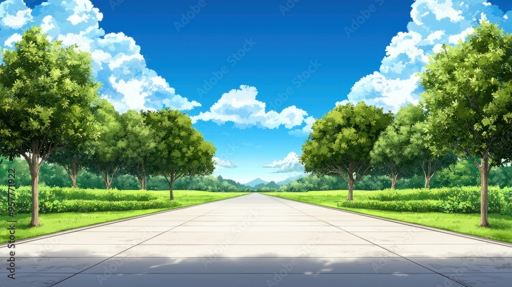 Fototapeta premium Serene Anime Landscape: Idyllic Countryside Road Flanked by Lush Green Trees in Japanese Style Animation