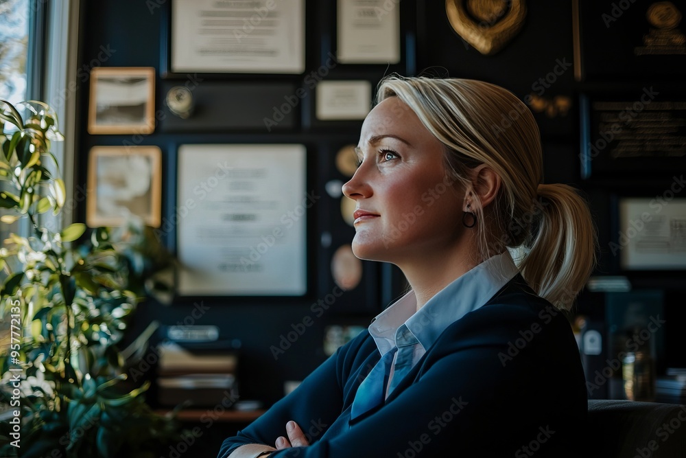 A female CEO reflecting on her achievements in her office. The background shows awards, diplomas, and motivational quotes A female CEO reflecting on her achievements in her office. The background shows awards, diplomas, and motivational quotes