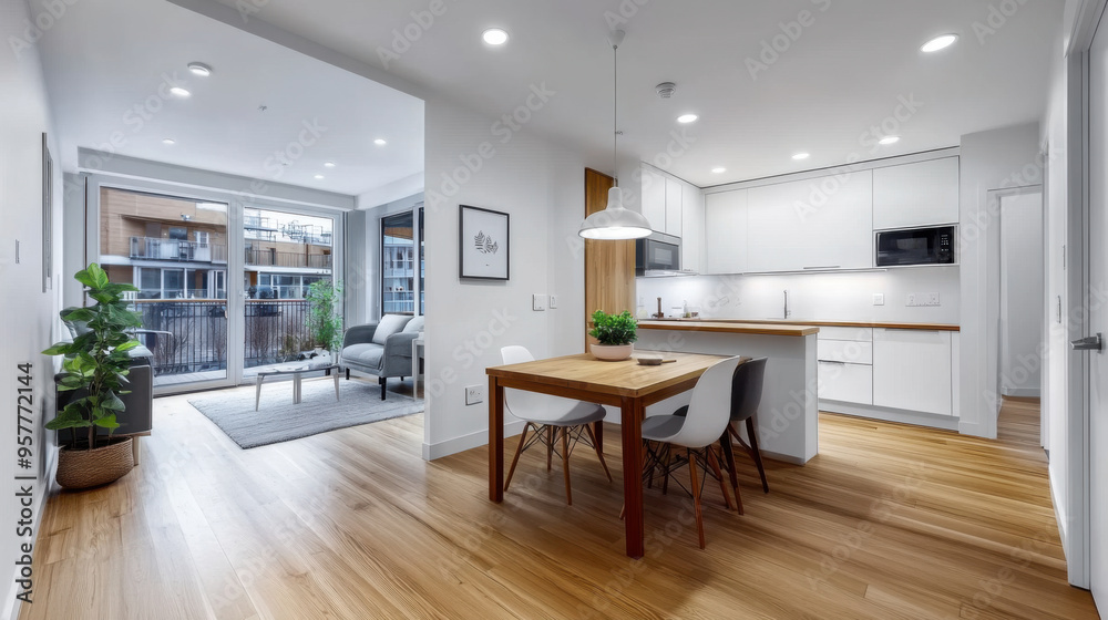 Fototapeta premium Modern apartment interior with an open-concept kitchen and dining area, featuring minimalist furniture and natural light from large windows.