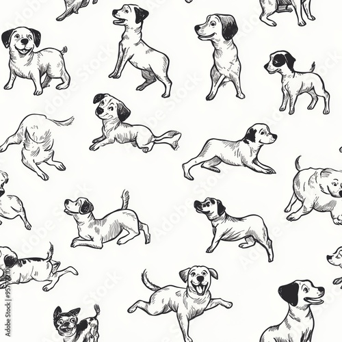 Seamless pattern of hand-drawn dogs in playful poses and sketch-style illustrations. Lively and whimsical design for decor and textiles, offering charming and energetic background in black and white.