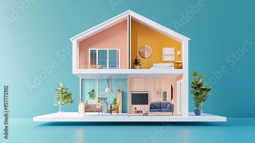 Fototapeta Naklejka Na Ścianę i Meble -  Home concept. House sliced with interior. 3d illustration