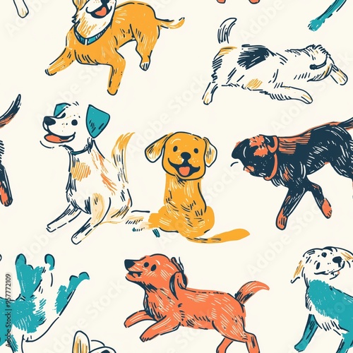 Seamless pattern of playful dogs in various poses, hand-drawn in bright colors. Lively and cheerful design is perfect for pet lovers, bringing joy and charm to any background or textile.