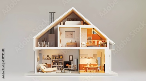 Fototapeta Naklejka Na Ścianę i Meble -  Home concept. House sliced with interior. 3d illustration