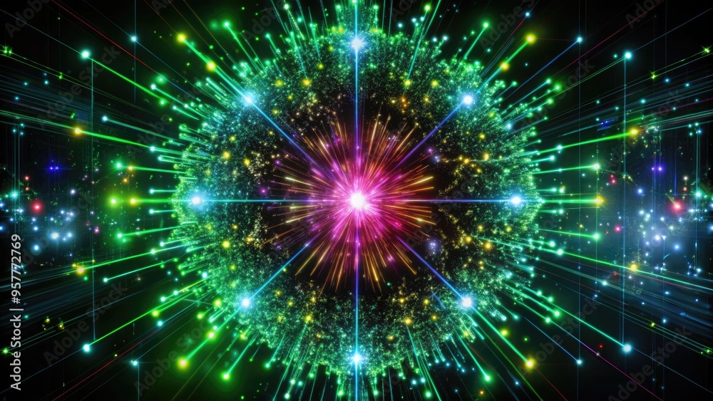 Fototapeta premium A digital explosion of green and purple lights.