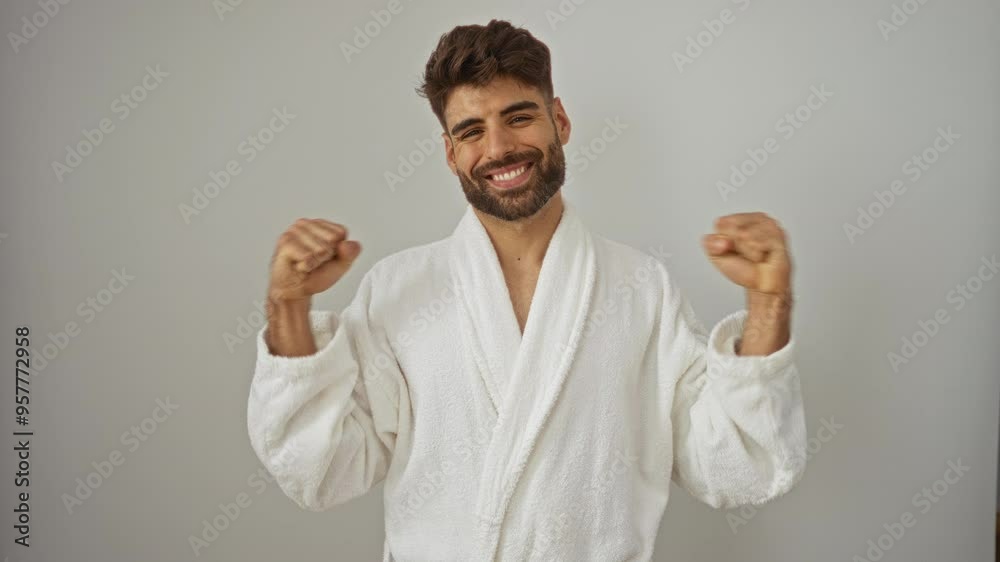 Young hispanic man wearing bathrobe standing, excited for success celebrating yes! over isolated white background, happy and joyful with a big smile Young hispanic man wearing bathrobe standing, excited for success celebrating yes! over isolated white background, happy and joyful with a big smile