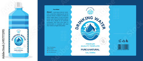 Mineral water bottle label design, drinking water label design, product label design template, food packaging wrapper sticker editable vector file illustration with mockup template download