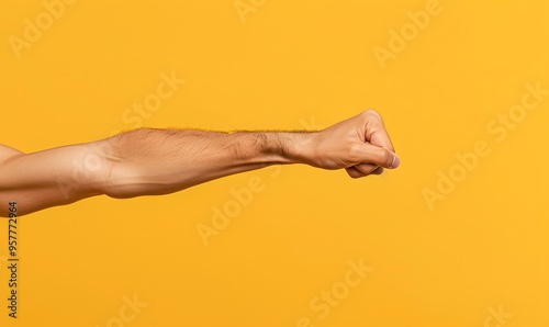 Arm and hand of caucasian man over yellow isolated background snapping fingers for success, easy and click symbol gesture with hand.  photo