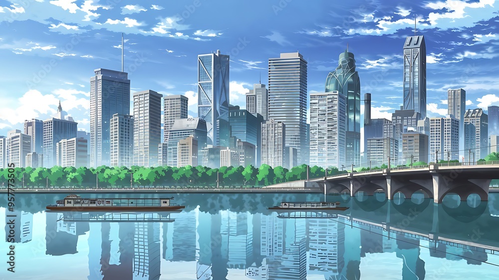 Fototapeta premium Anime Style City Background with Tall Skyscrapers and Bridge, Clear Sky with Clouds, Boats on River, and Reflection of Buildings and Bridge on Still Water.