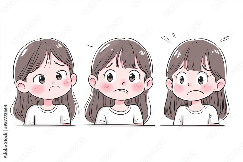 A cartoon girl shows three different expressions of sadness A cartoon girl shows three different expressions of sadness
