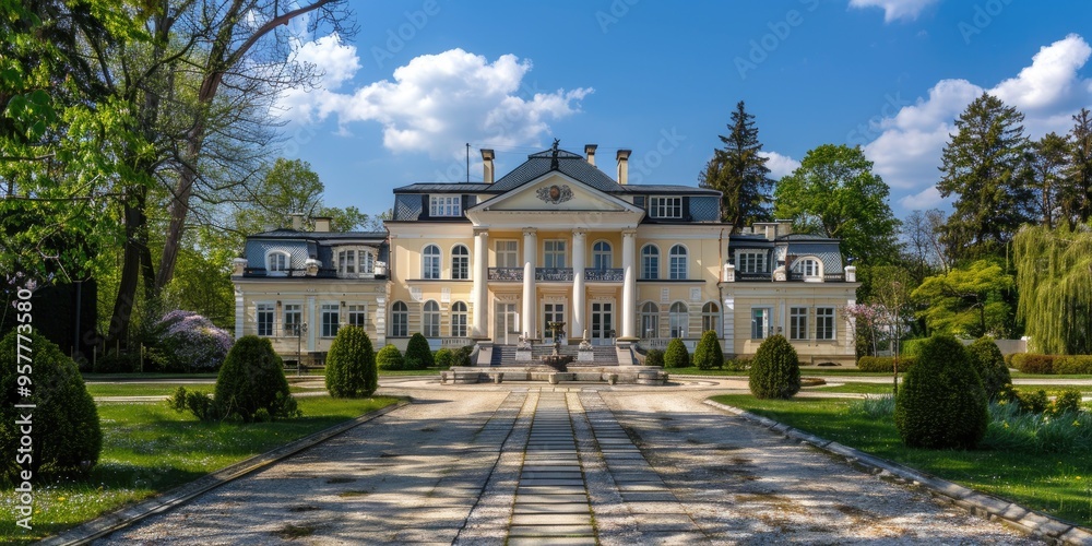Fototapeta premium Facade of a grand mansion A luxurious estate on a beautiful spring day Stately mansion grounds Elegant mansion residence