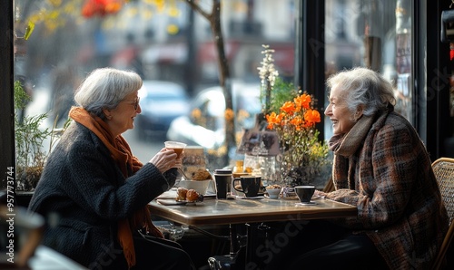 Two senior women sitting at a table in a cafe, one of them is wearing an orange scarf