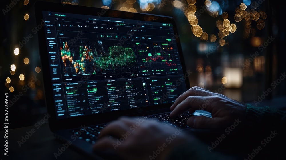Obraz premium Close-up of hands typing on a laptop displaying complex financial data and stock market charts, set against a dark, bokeh-lit background.