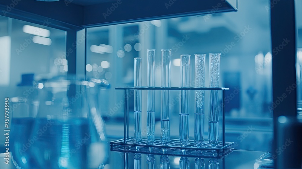 Closeup Shot of Glass Tubes in a Laboratory Setting with Scientific Equipment Closeup Shot of Glass Tubes in a Laboratory Setting with Scientific Equipment