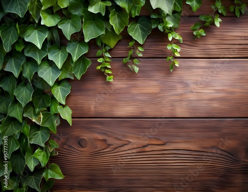 Green hanging ivy vine decoration on wood background and texture at the corner, copy space for text; natural plant photography.
