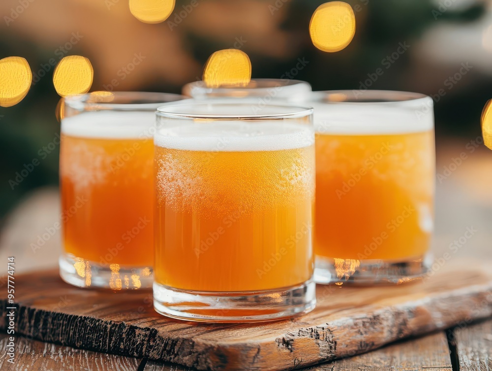 Frosted juice glasses on a wooden table, surrounded by people enjoying a winter gathering, cold drinks, cozy winter party Frosted juice glasses on a wooden table, surrounded by people enjoying a winter gathering, cold drinks, cozy winter party