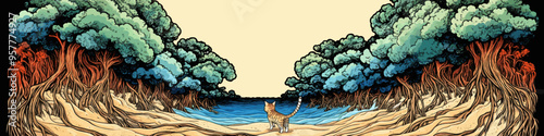 Illustration of a lone cat walking through a forest tunnel of vibrant trees towards a distant water body, creating a sense of adventure and solitude