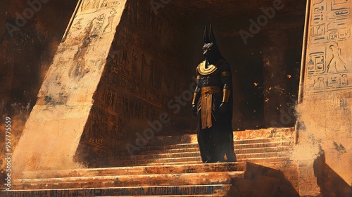 A mystical encounter between Anubis and a Pharaoh inside a secret chamber within the pyramid
