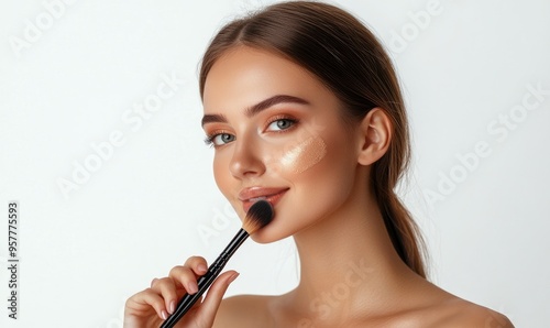 A woman is holding a makeup brush and smiling