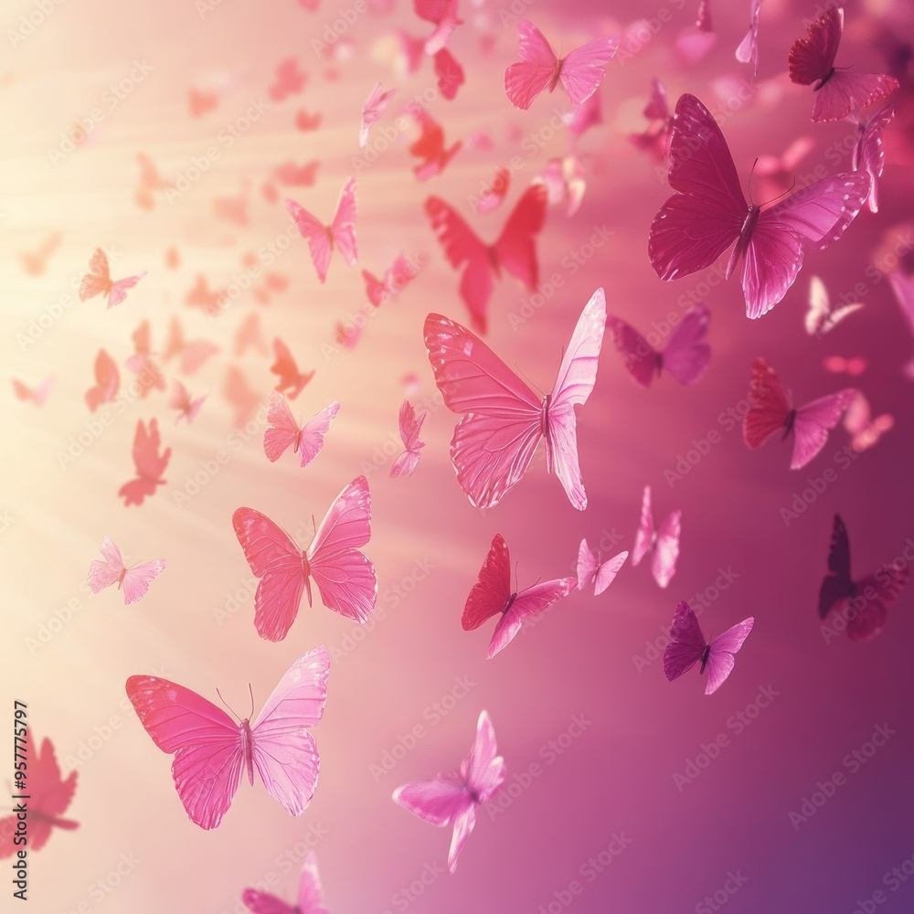Pink Butterflies Soaring Against a Soft Pink and Orange Gradient Background Pink Butterflies Soaring Against a Soft Pink and Orange Gradient Background