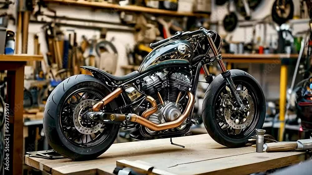 a motorcycle in a workshop a motorcycle in a workshop