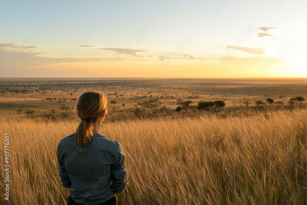 A female scientist surveying a grassland savanna at dawn. The horizon glows with the first light of the day A female scientist surveying a grassland savanna at dawn. The horizon glows with the first light of the day