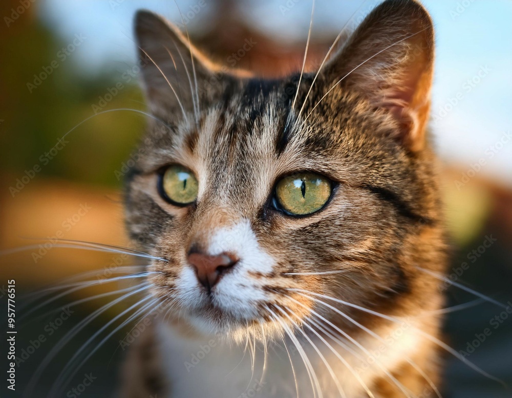 Beautiful tabby kitten with bright green eyes, soft white fur, and playful whiskers, sitting peacefully in a sunlit window