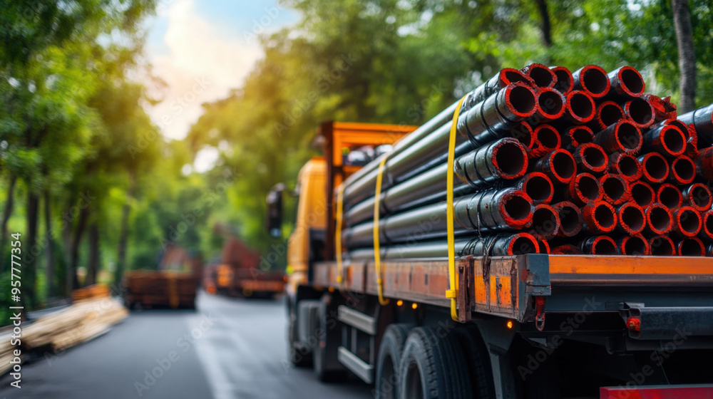 Obraz premium An industrial truck carrying large steel pipes on a rural road, emphasizing construction materials transportation and logistics in a forested area.