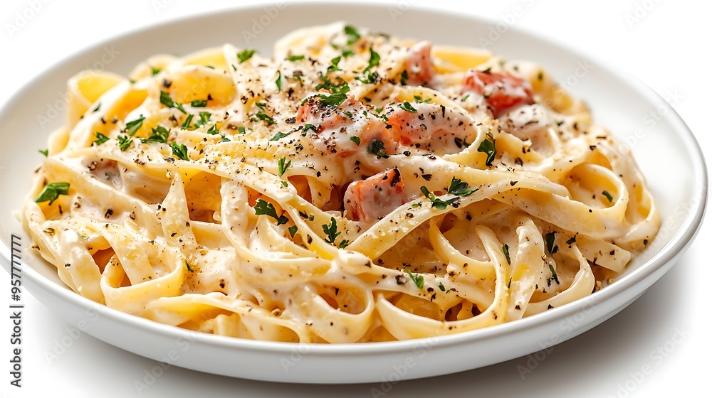 Fettuccine pasta with a creamy sauce, cherry tomatoes, and a sprinkle of parsley. Fettuccine pasta with a creamy sauce, cherry tomatoes, and a sprinkle of parsley.