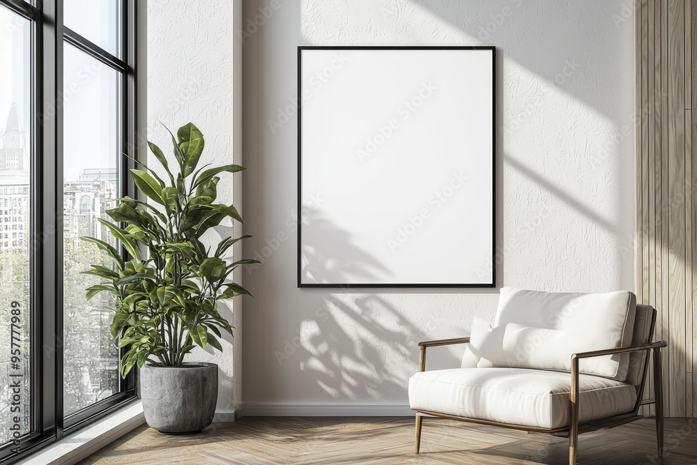 Poster Frame in Beige minimalist living room interior created with generative AI Poster Frame in Beige minimalist living room interior created with generative AI