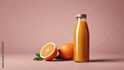 Orange juice bottle mockup on pastel orange background, Empty background photo