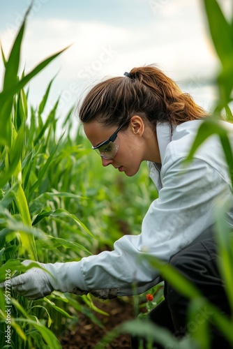 A female scientist testing soil moisture in an agricultural field. The crops around her are tall and green, ready for harvest photo