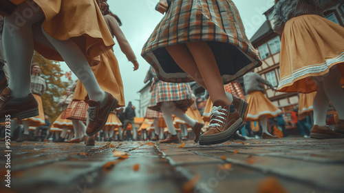 Artistic low-angle shot of a woman dancing at Oktoberfest, colorful dirndls in the background. photo