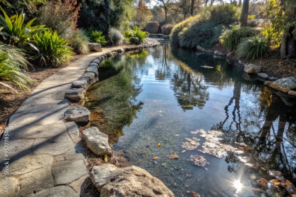 A tranquil stream flows through a lush garden. A tranquil stream flows through a lush garden.