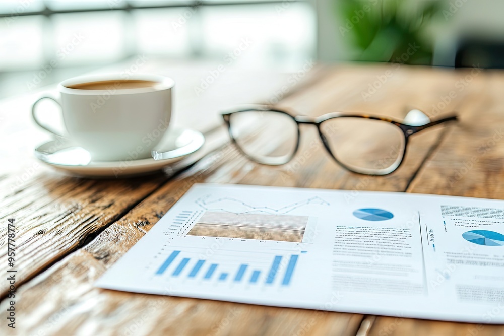 Top view of business workplace with papers, coffee cup and glasses on wooden table Top view of business workplace with papers, coffee cup and glasses on wooden table