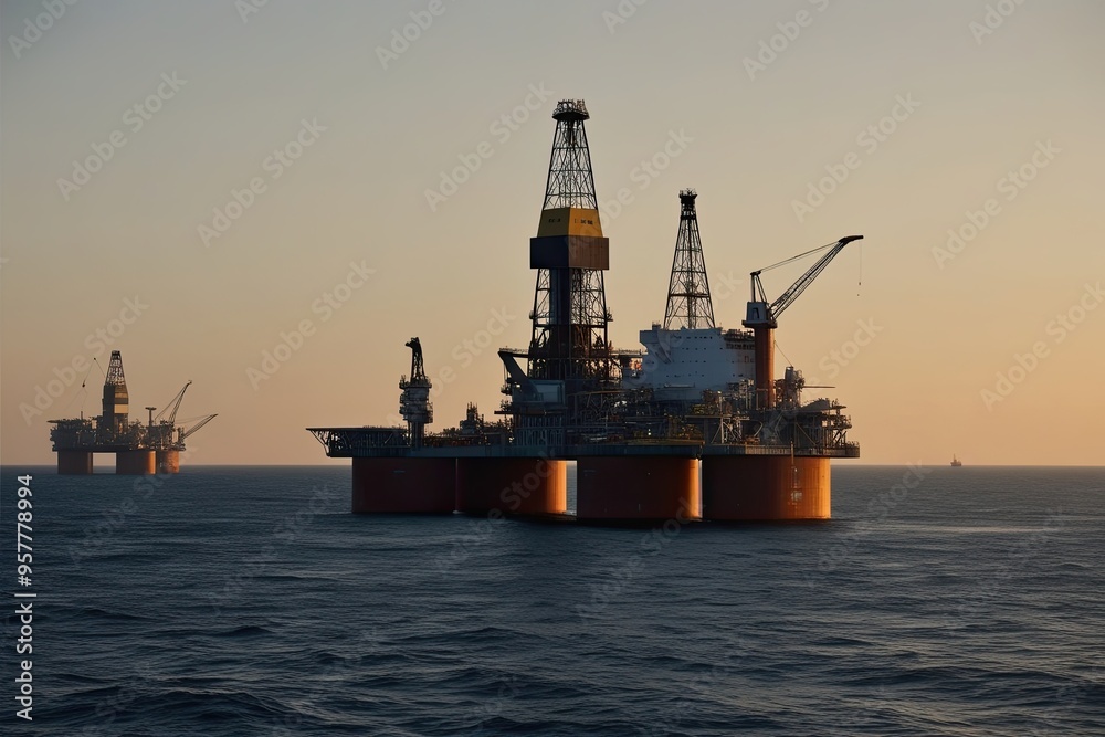 Fototapeta premium Industrial Oil Platform Casting Shadows at Dusk in North Sea Energy Production Sites