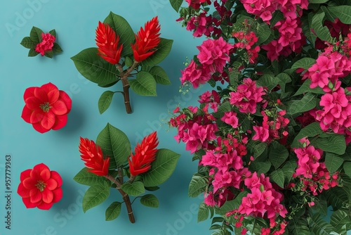 Top View 3D Illustration of Bombax Cebia and Bougainvillea Flowers Rich in Colorful Flora for Digital Composition photo