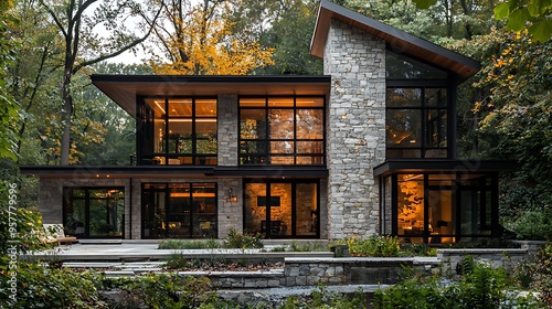 A modern stone house with expansive windows and a patio, beautifully set in an autumn forest filled with vibrant colors.