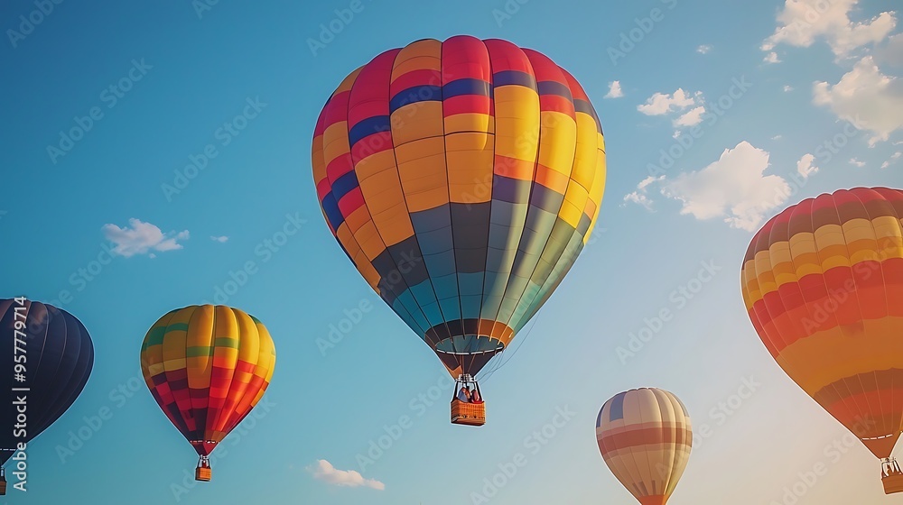 Obraz premium A vivid display of hot air balloons floating in the sky, adding color to the serene horizon.