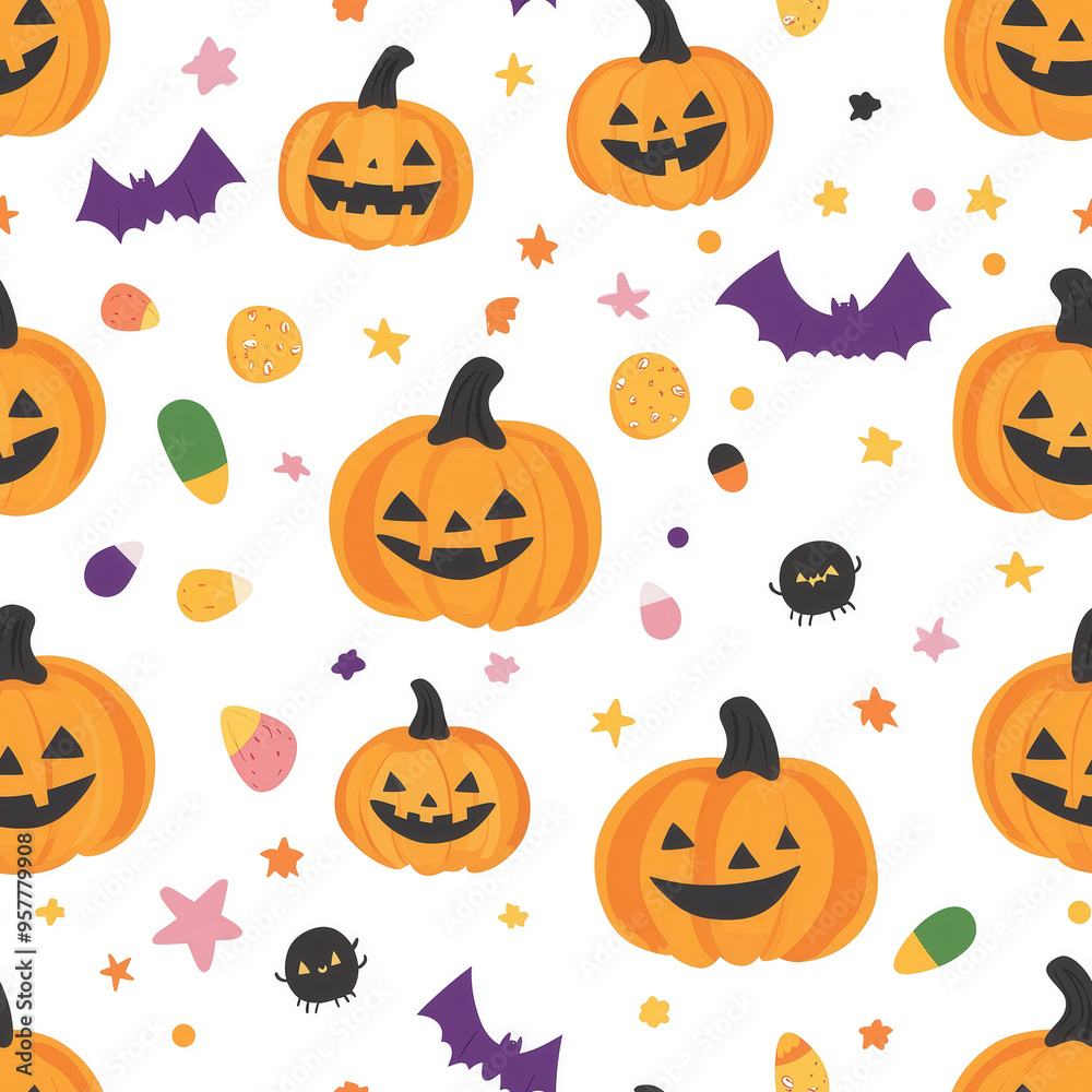 Cute illustration of jack-o'-lanterns, bats, and candy on a white background Cute illustration of jack-o'-lanterns, bats, and candy on a white background