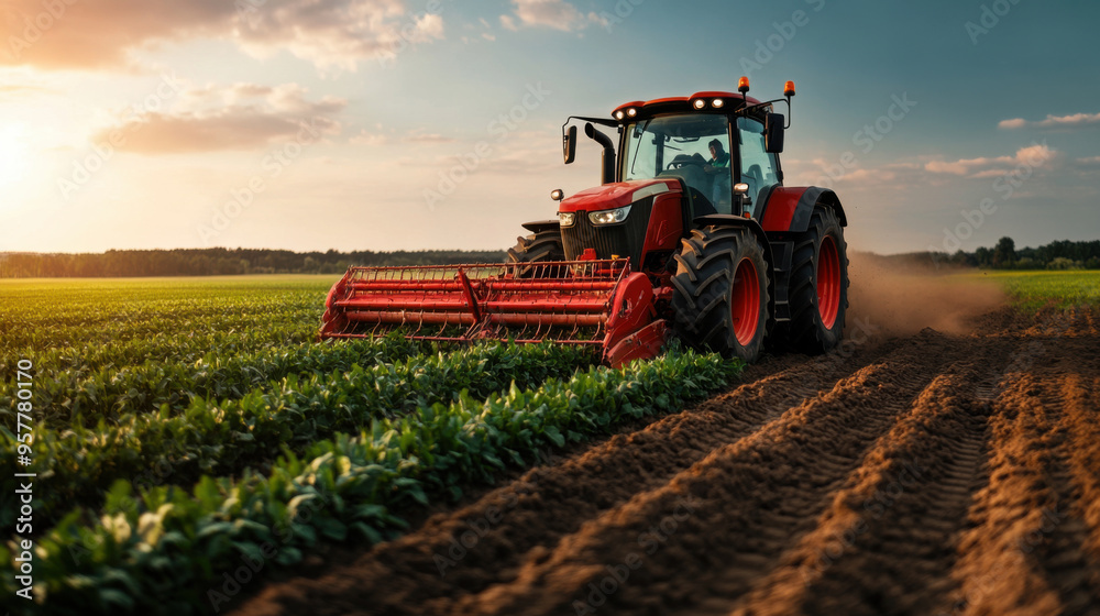 Red tractor actively plowing a green field during sunset, representing agriculture, farming, and food production in a rural setting. Red tractor actively plowing a green field during sunset, representing agriculture, farming, and food production in a rural setting.