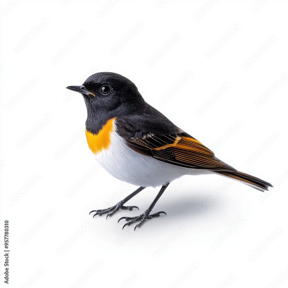 Fototapeta premium A detailed image of a small, colorful songbird with vibrant orange, black, and white feathers, standing on a white background.