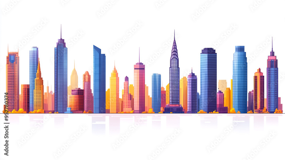 A vibrant skyline illustration showcasing iconic buildings in a colorful gradient, perfect for urban-themed projects. A vibrant skyline illustration showcasing iconic buildings in a colorful gradient, perfect for urban-themed projects.