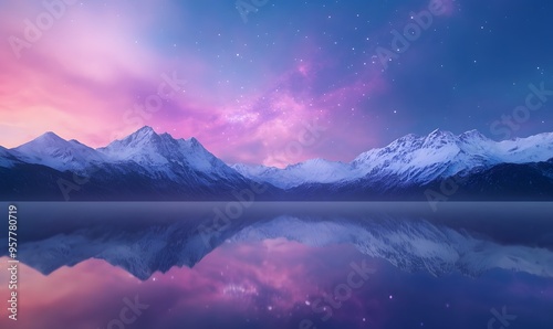 snow-covered mountains reflected in a perfectly still lake, Generative AI