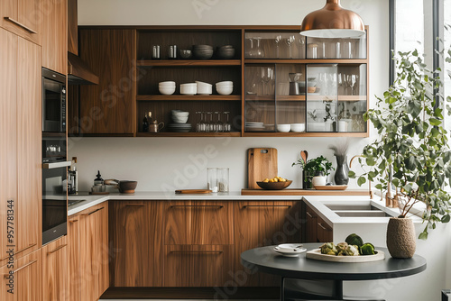 Modern Kitchen with Open Shelving and Stylish Copper Accents