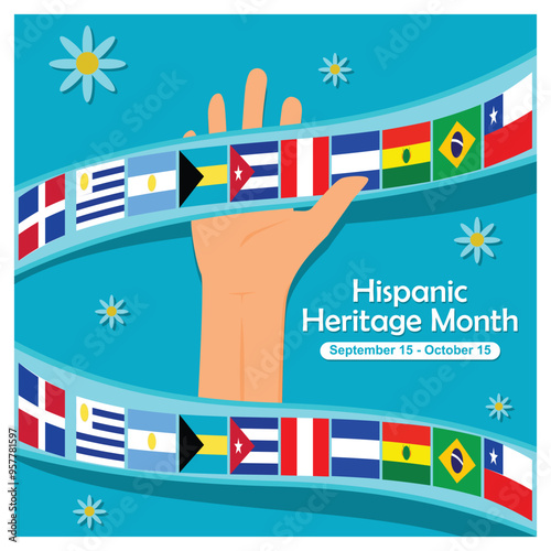 Hands holding ribbons with flags of various countries in America. Cultural and ethnic diversity. Hispanic Heritage Month concept. Flat vector illustration.