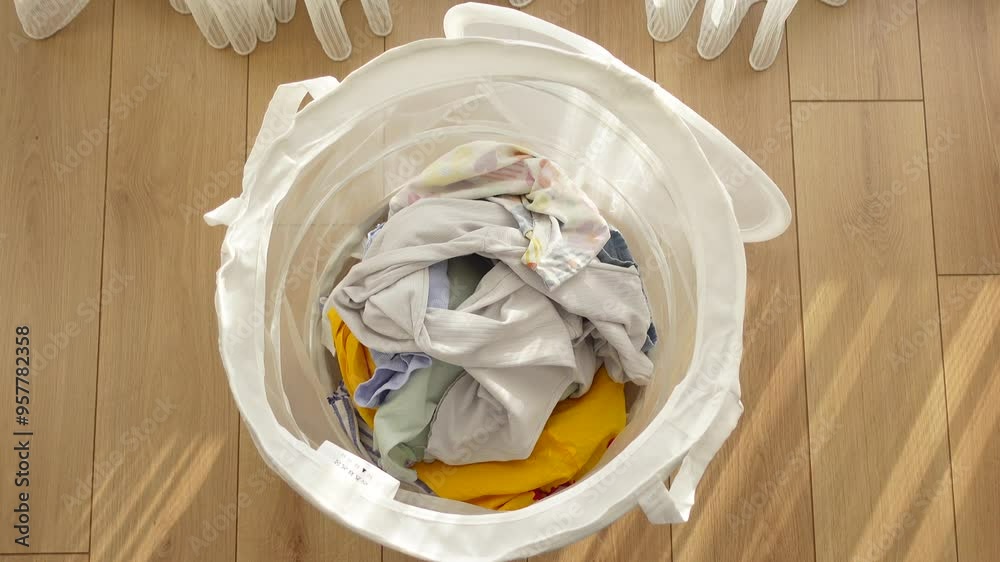 A laundry basket filled to the brim with dirty clothes resting in a bright and cheerful room