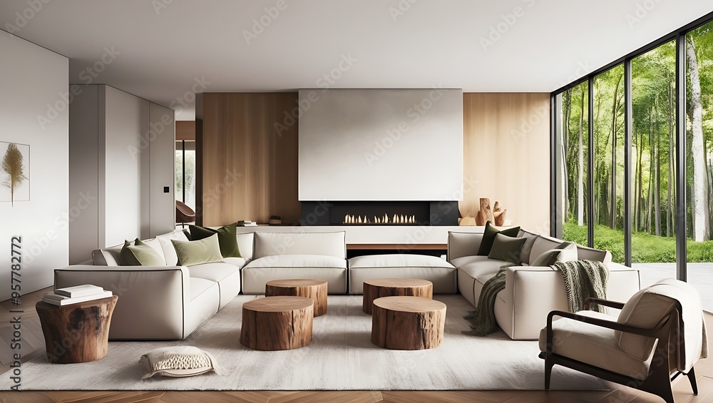 Describe a modern living room that incorporates a blend of natural and contemporary elements Describe a modern living room that incorporates a blend of natural and contemporary elements