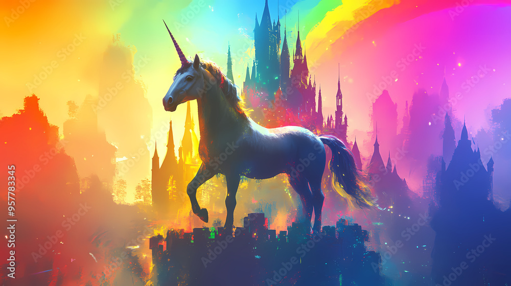 Illustration of a majestic unicorn in front of a colorful castle with a vibrant rainbow backdrop created with generative ai technology. Unicorn. Illustration Illustration of a majestic unicorn in front of a colorful castle with a vibrant rainbow backdrop created with generative ai technology. Unicorn. Illustration